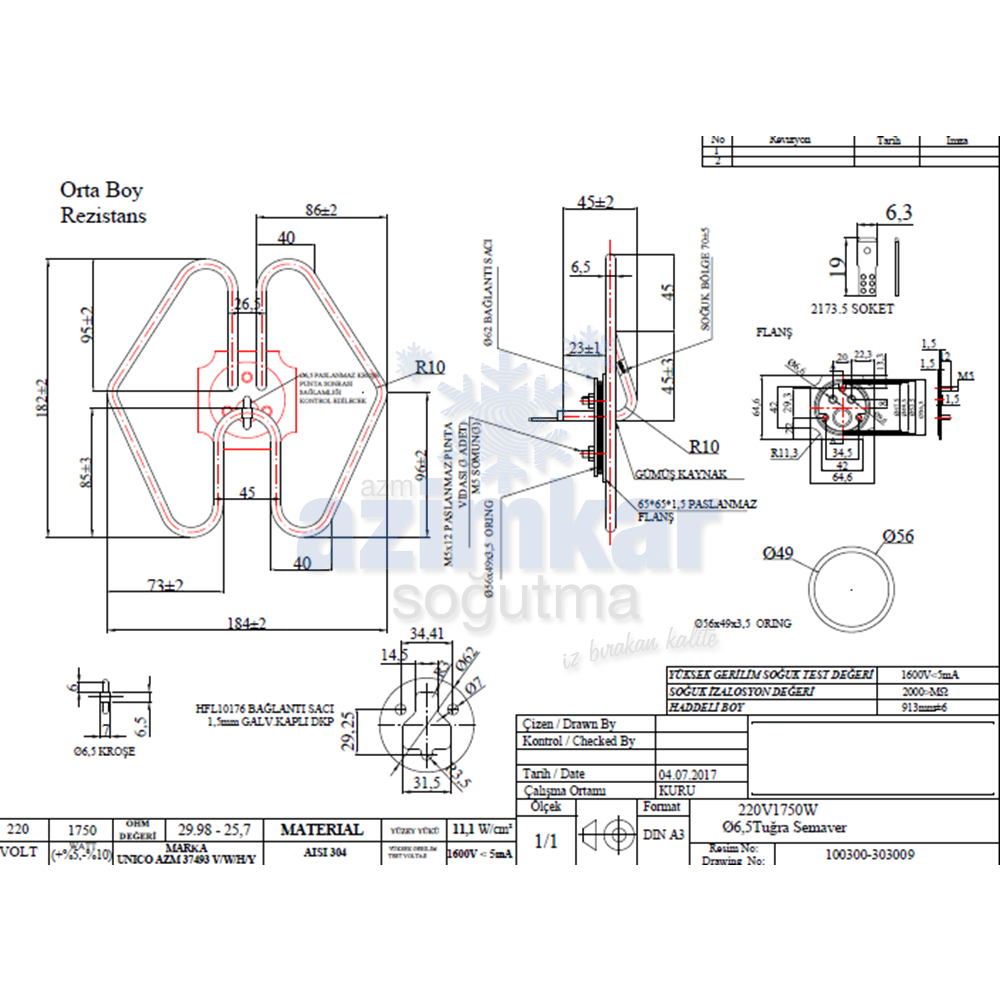 KELEBEK SEMAVER REZİSTANSI 303009 1750W 220V