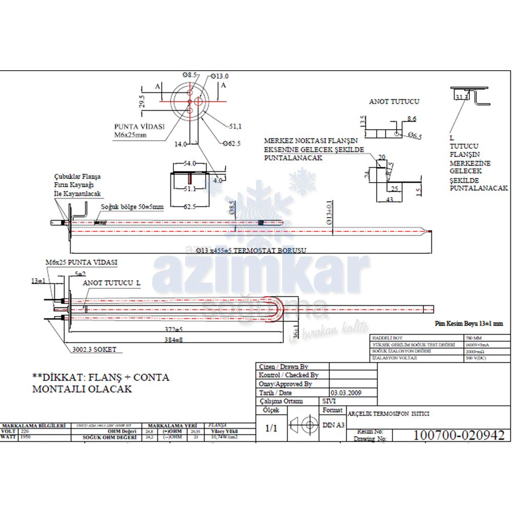 TİTAN MODELİ TERMOSİFON REZİSTANSI 6 DELİKLİ 2000W 220V FLANŞLI